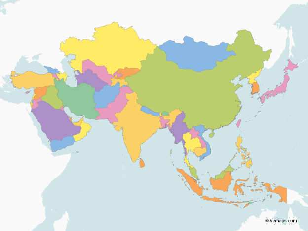 Map of Asia with multicolor Countries