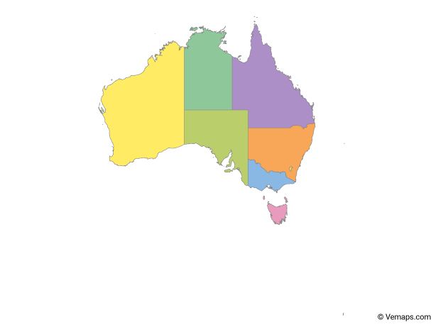 Multicolor Map of Australia with States and Territories