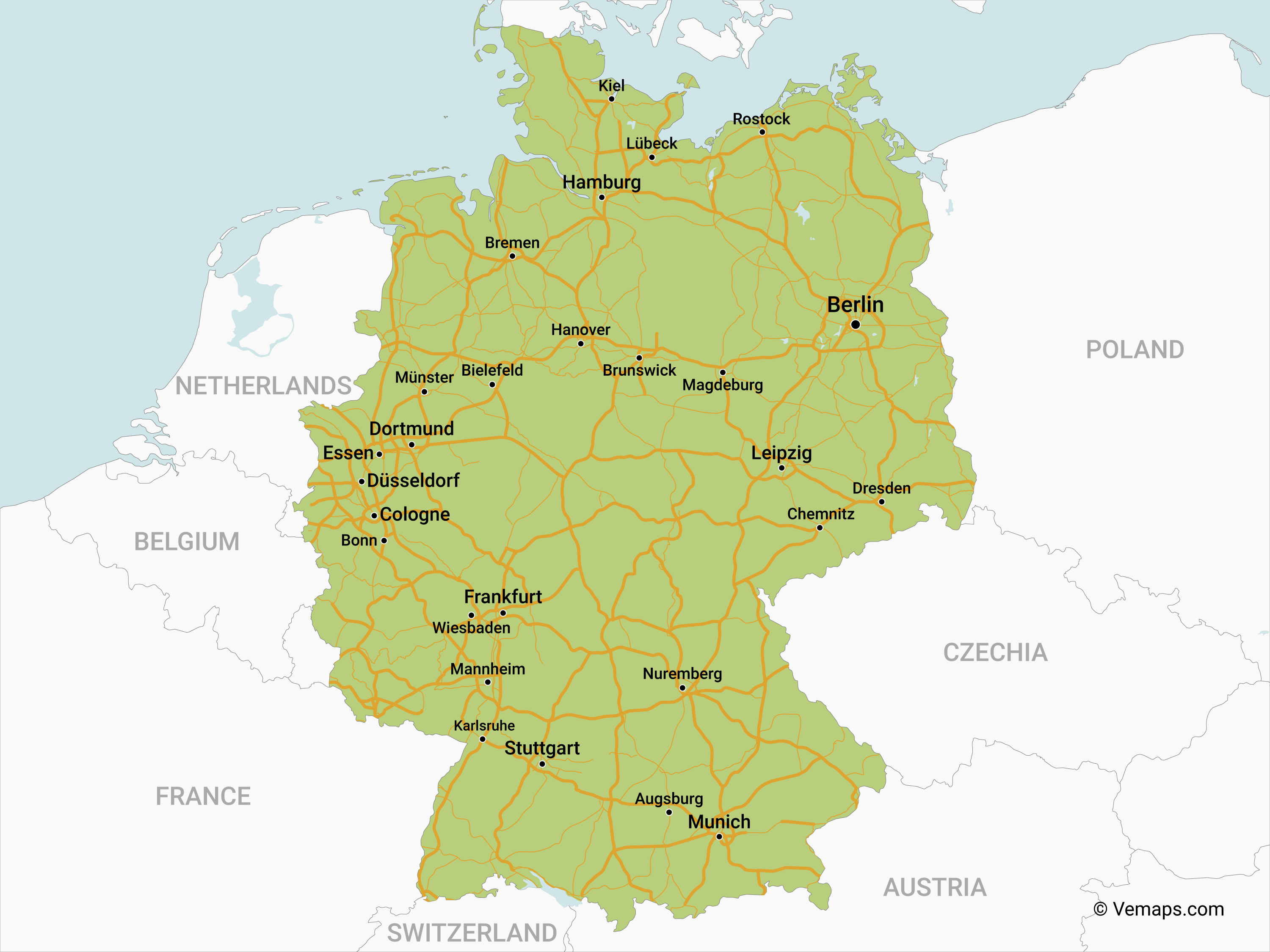 Map Of Germany With Roads And Biggest Cities Free Vector Maps   De 10 