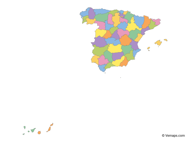 Multicolor Map of Spain with Provinces