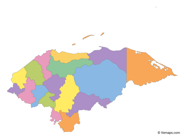 Multicolor Map of Honduras with Departments