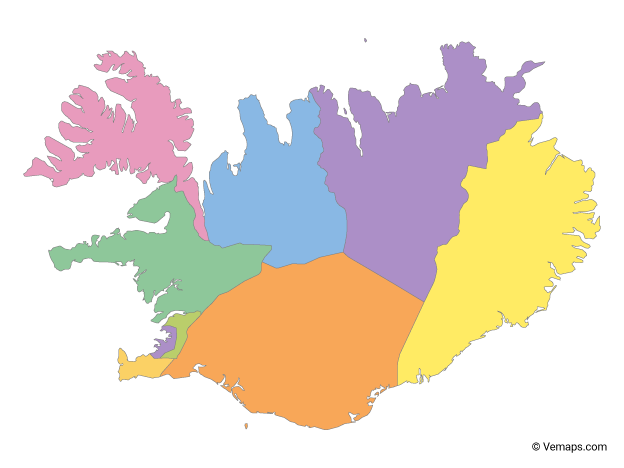 Multicolor Map of Iceland with Regions