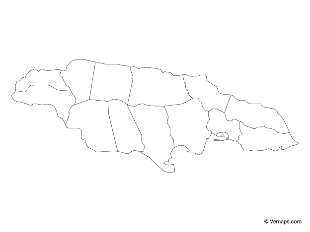 Outline Map of Jamaica with Parishes (no labels)