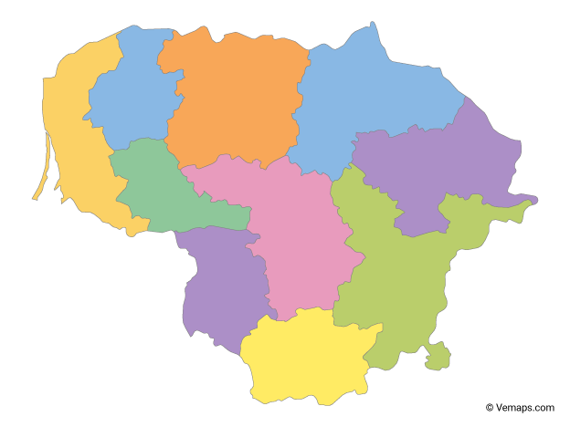 Multicolor Map of Lithuania with Counties