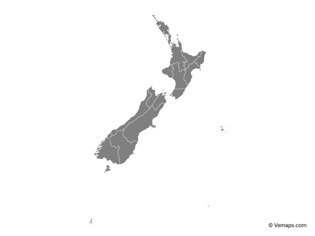 Grey Map of New Zealand with Regions